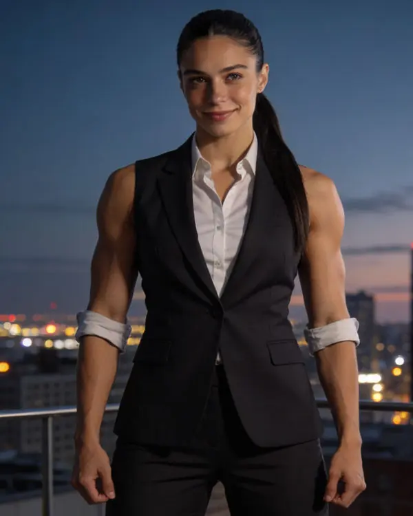 Luvina Kaelo posing in night city wearing elegant sleeveless blazer outfit showing toned muscular arms